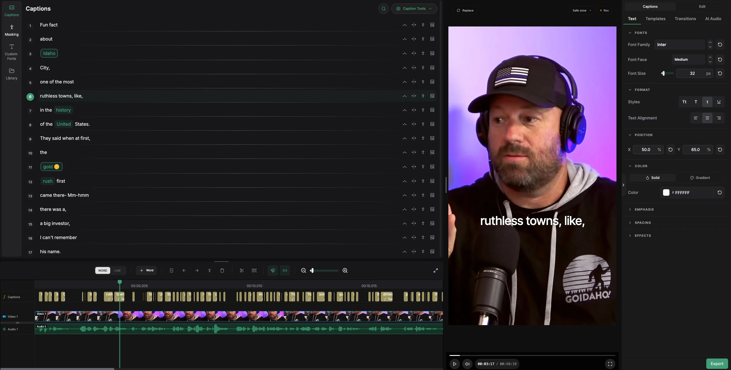 The Kalakar editor: caption list, word timeline with video and audio tracks, preview, and the style panel