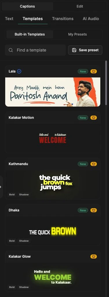 Templates tab with creator templates such as Lala, Kalakar Motion, Kathmandu, Dhaka, Kalakar Glow, and IJ