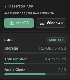 Plan usage in the sidebar: storage, transcription minutes left, and audio clean credits