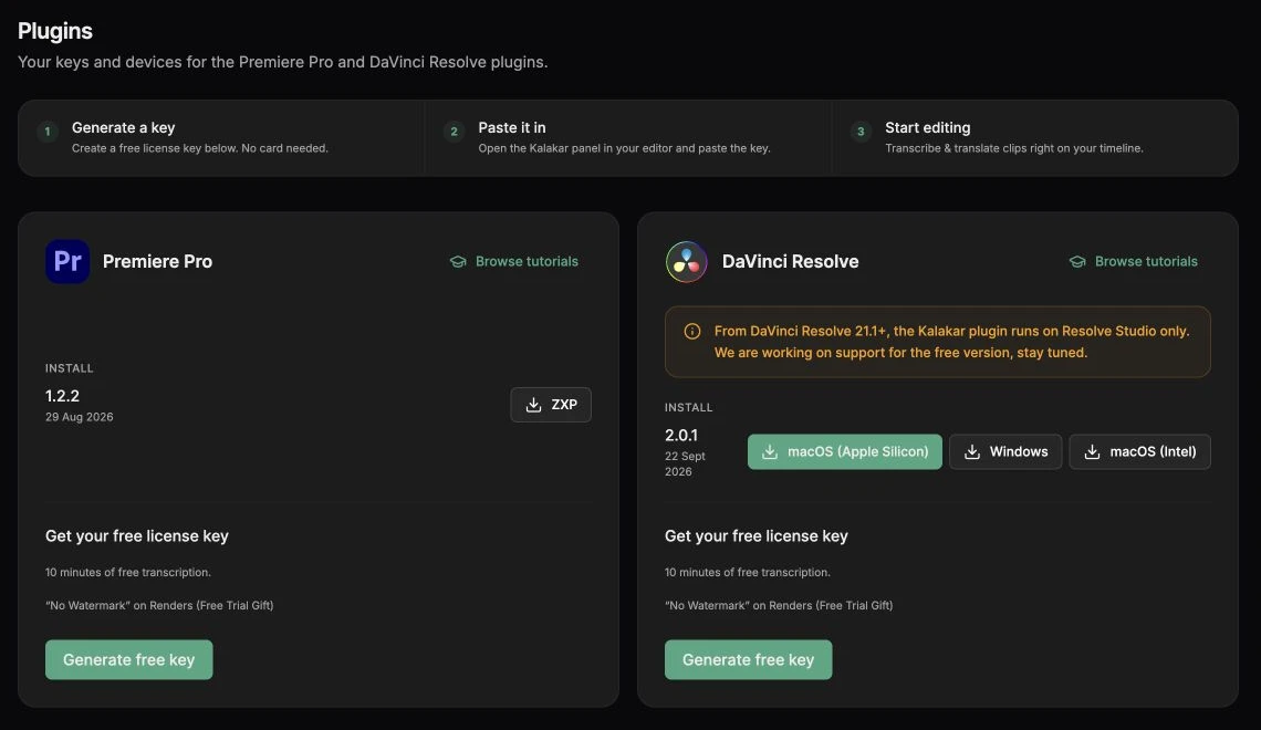 Plugins page: Premiere Pro and DaVinci Resolve installers and free license keys