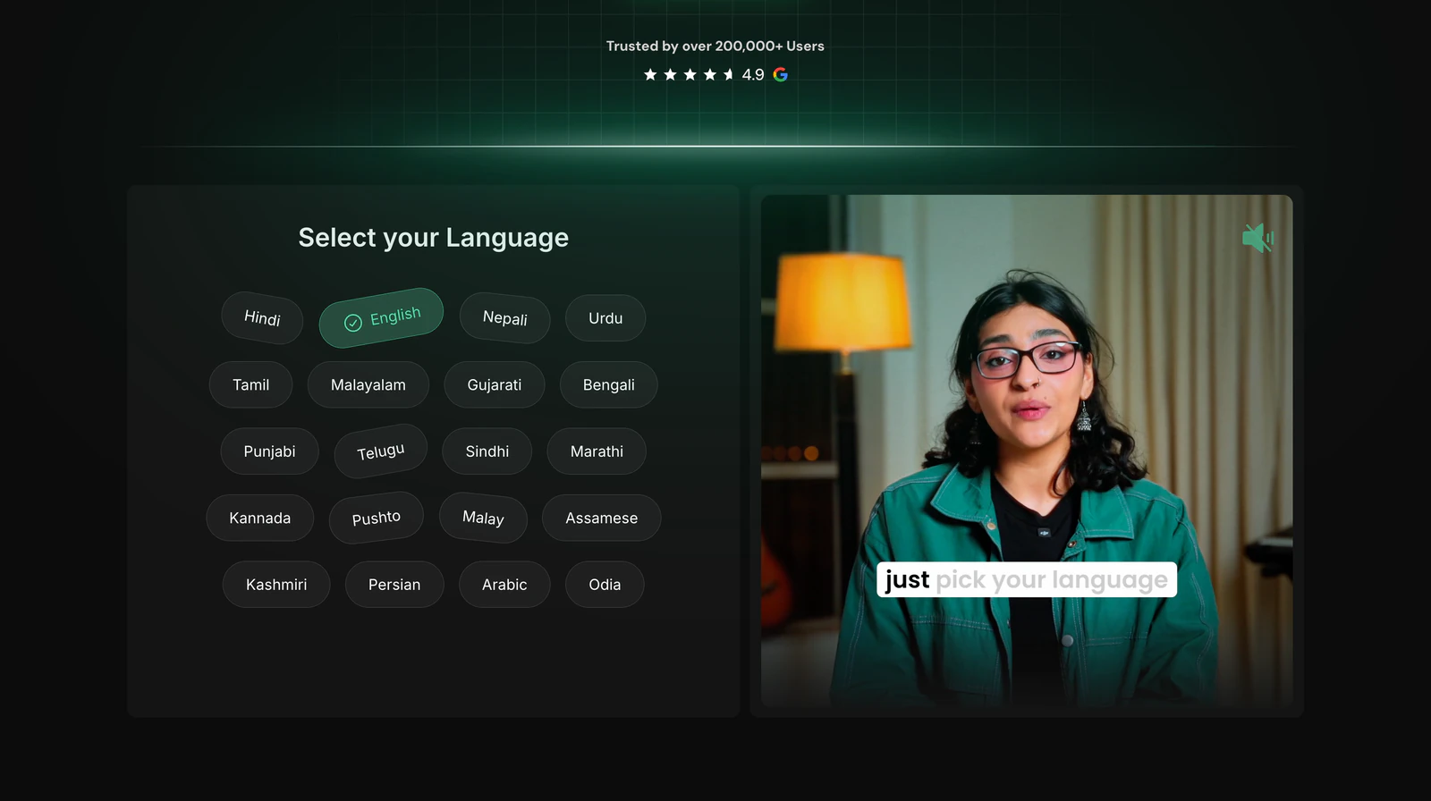 Language picker with 20 languages beside a captioned video
