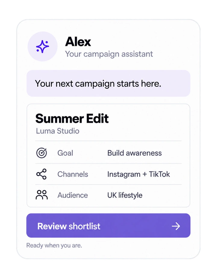 Alex, the campaign assistant, with the Summer Edit brief and a Review shortlist button