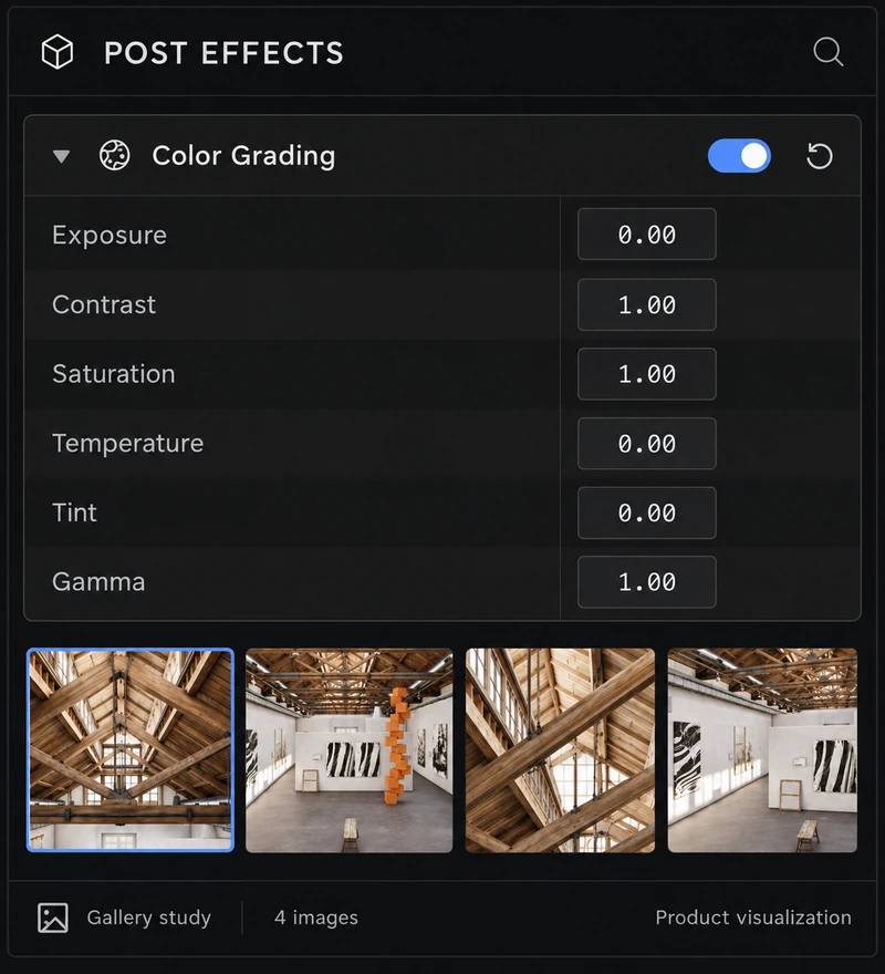 Post effects panel: Color Grading on, with exposure, contrast, saturation, temperature, tint, and gamma, and four reference frames