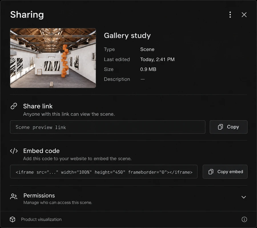 Sharing sheet: scene details, a share link, embed code, and permissions