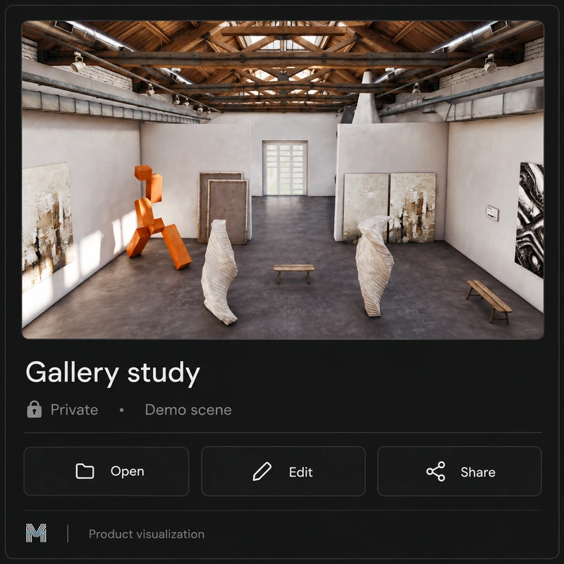 Scene card: Gallery study, private demo scene, with Open, Edit, and Share
