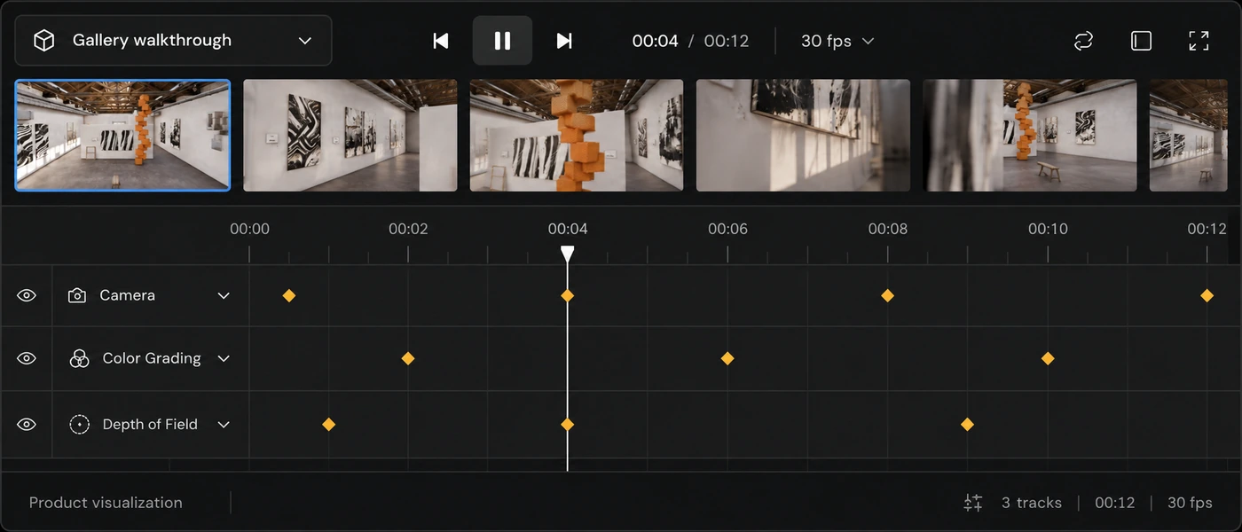 Timeline strip: thumbnails of Gallery walkthrough above camera, grading, and depth-of-field keyframes