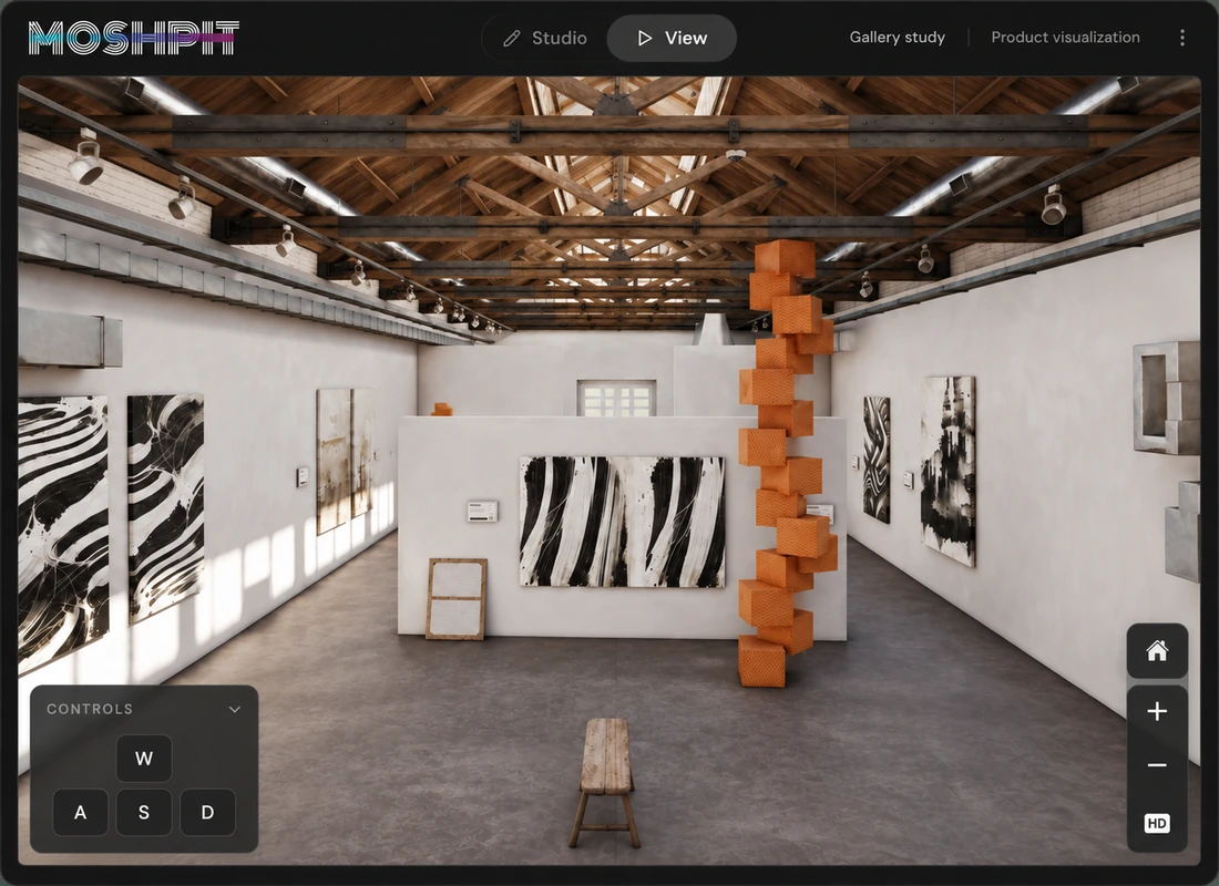 Viewer controls: the gallery in View mode with WASD keys, home, and zoom buttons