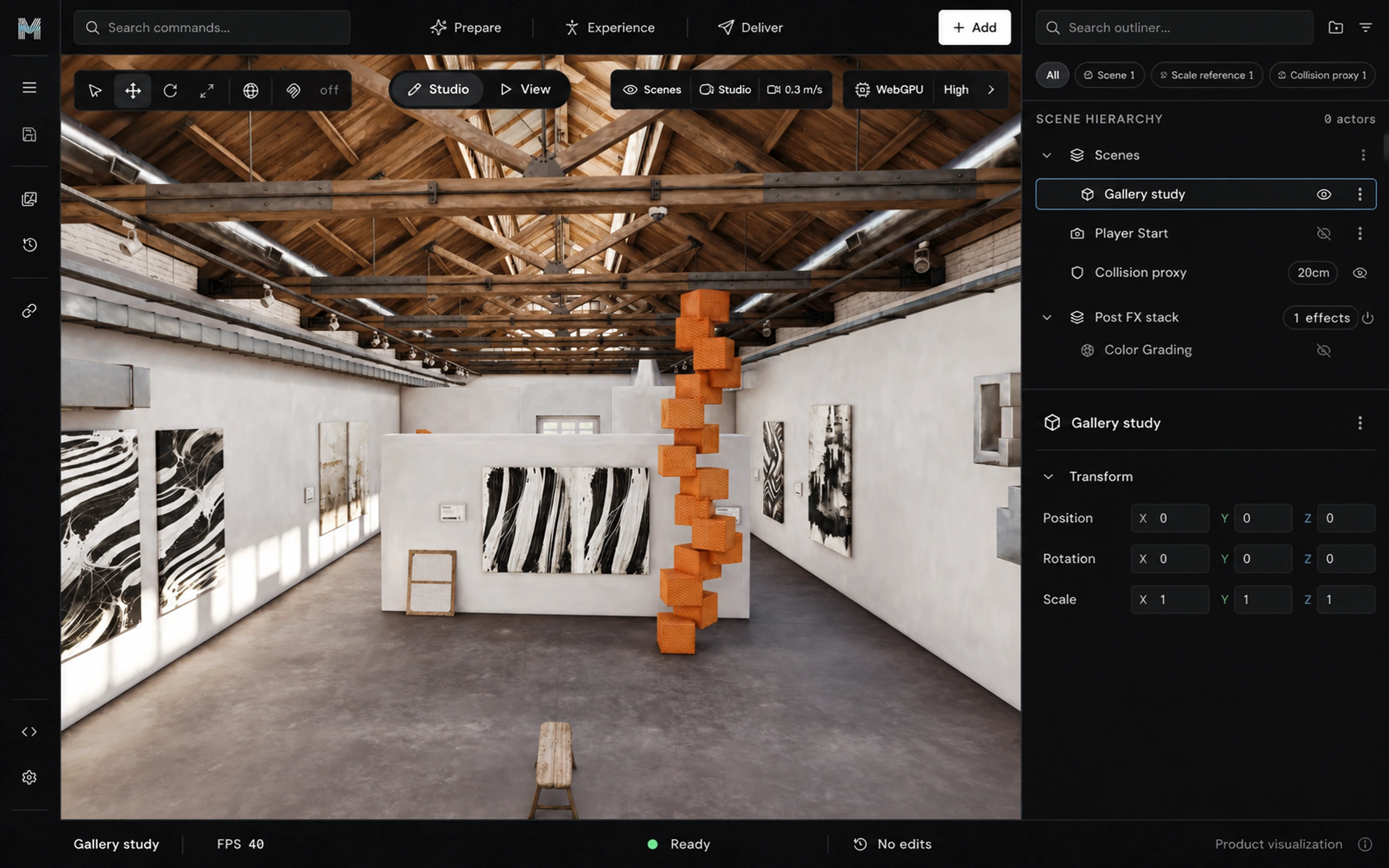 Moshpit Studio editor with the Gallery study scene: a timber-roofed gallery with black-and-white canvases and an orange block sculpture in the viewport, the scene hierarchy and transform panel on the right, and Prepare, Experience, and Deliver in the top bar