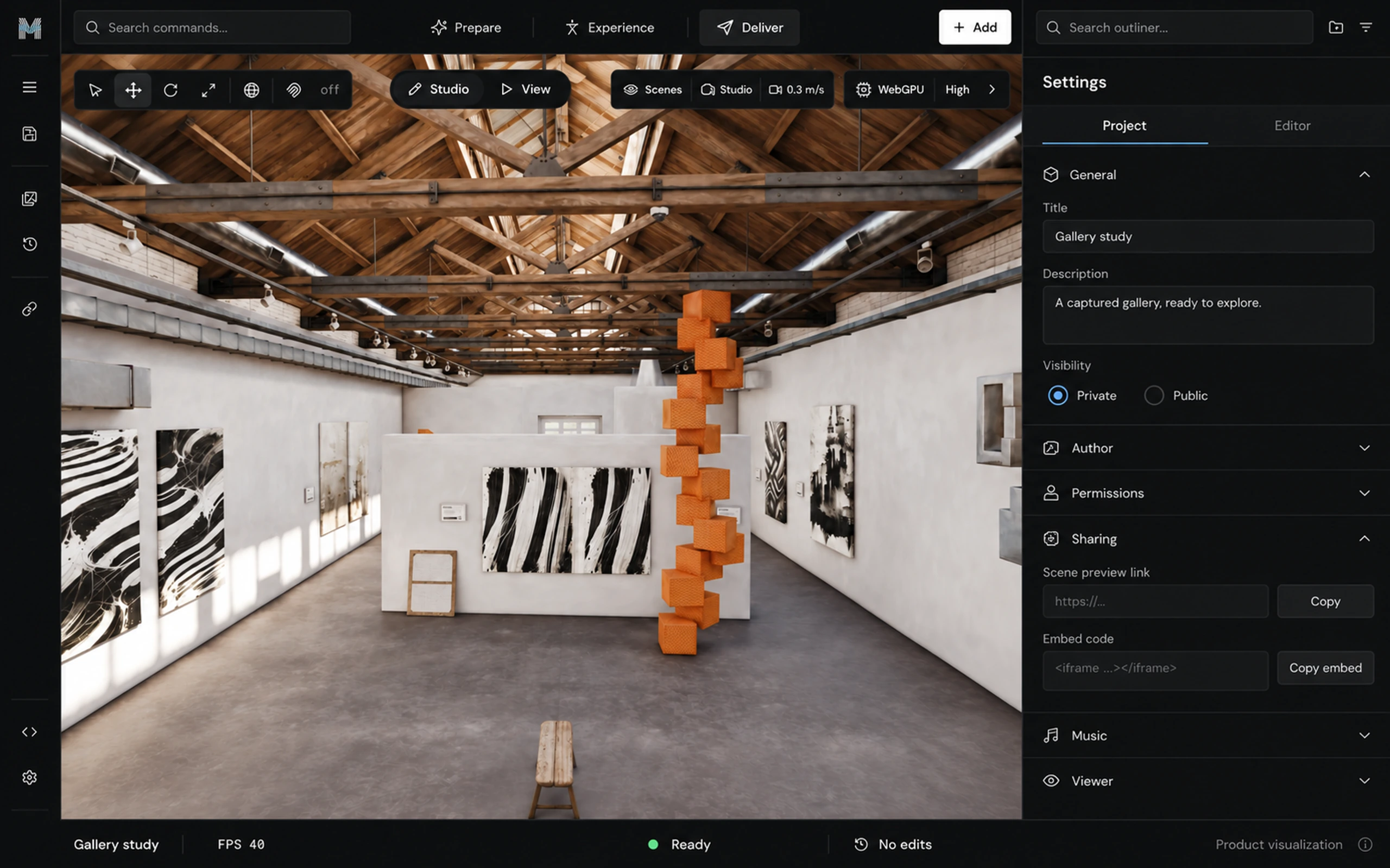 Project settings: title, description, private or public visibility, and a sharing section with a preview link and embed code