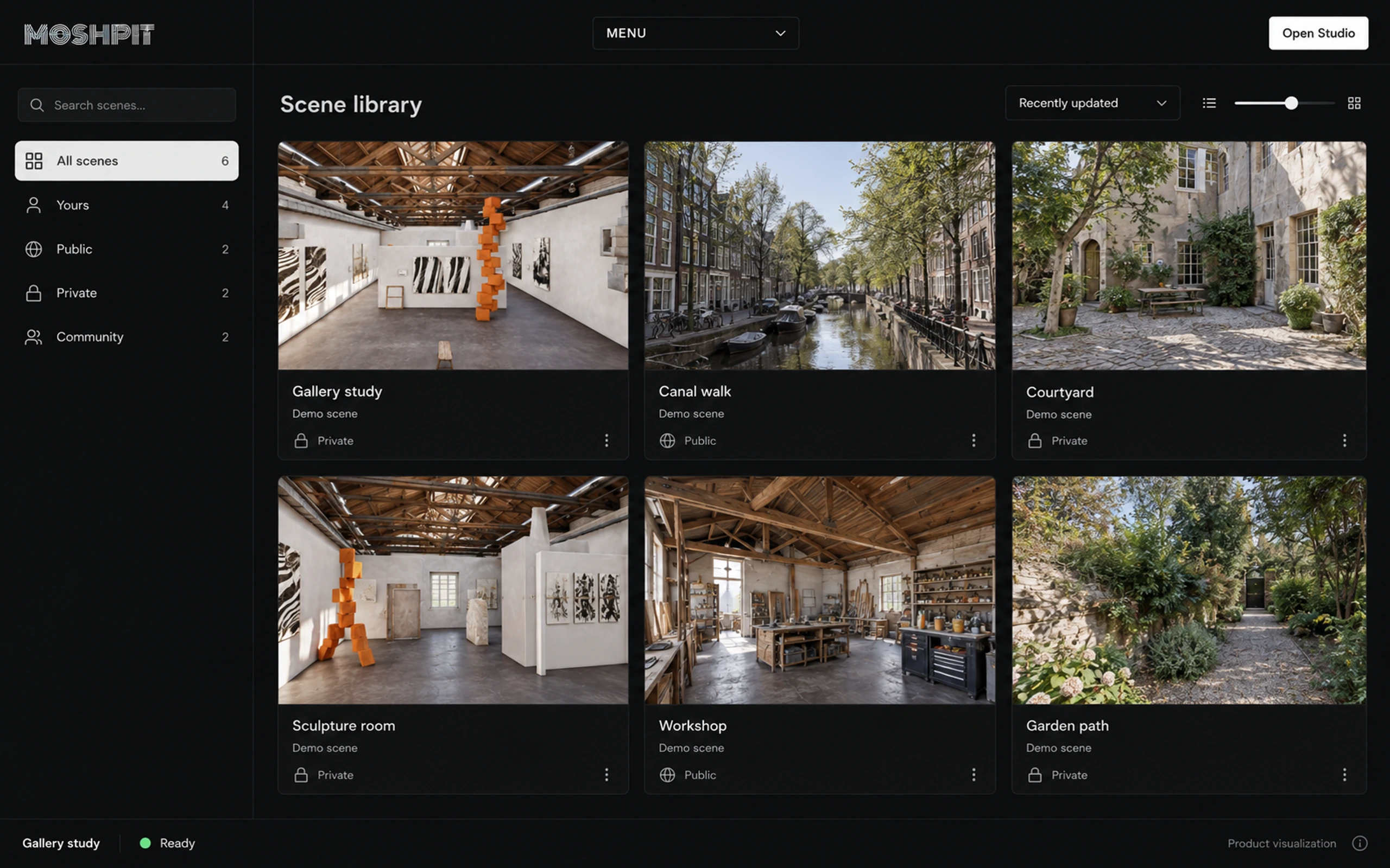 Scene library: six demo scenes, from Gallery study to Garden path, filtered by owner and visibility