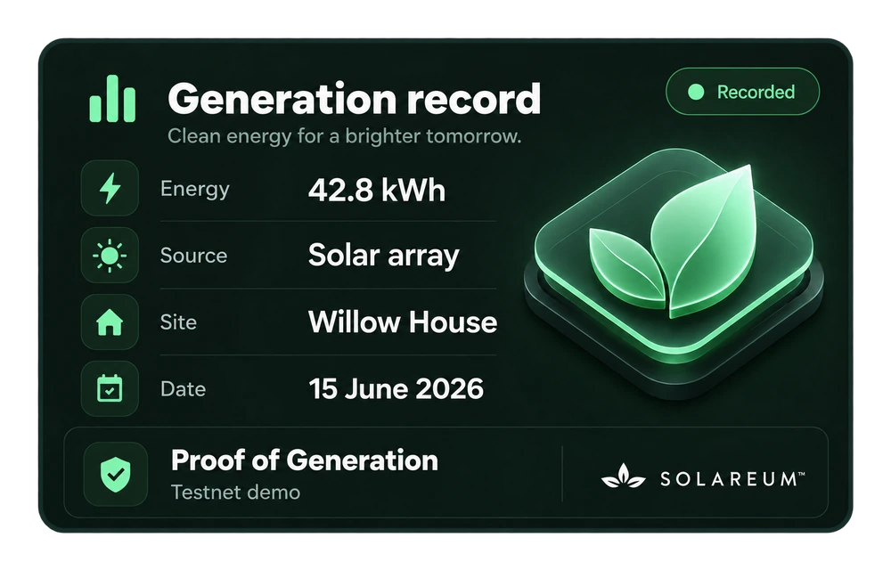 Generation record card: 42.8 kWh from the solar array at Willow House on 15 June 2026, recorded with Proof of Generation on the testnet