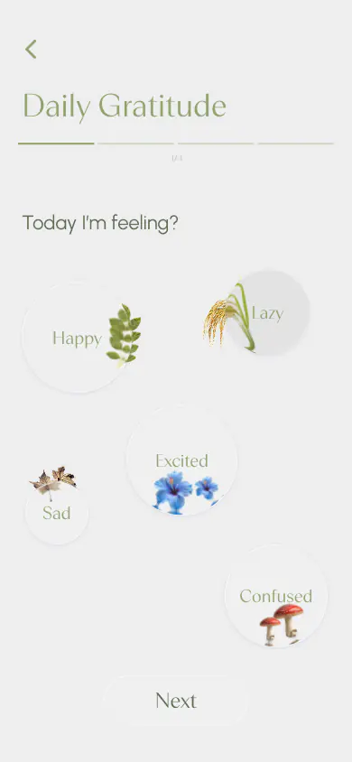 Mood check-in with flowers for happy, lazy, excited, sad, and confused